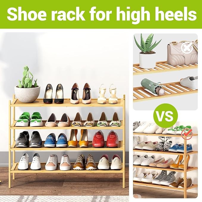 BMOSU 4-Tier Bamboo Extended Shoe Rack Premium Stackable Shoe Shelf Storage Organizer for Hallway Closet Living Room Entryway