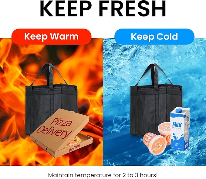 NZ home Insulated Bags for Food Delivery (Medium) Grocery Shopping Cooler Bag, Pizza Delivery, Hot & Cold Catering Tote, Reusable, Foldable & Heavy Duty (Black)