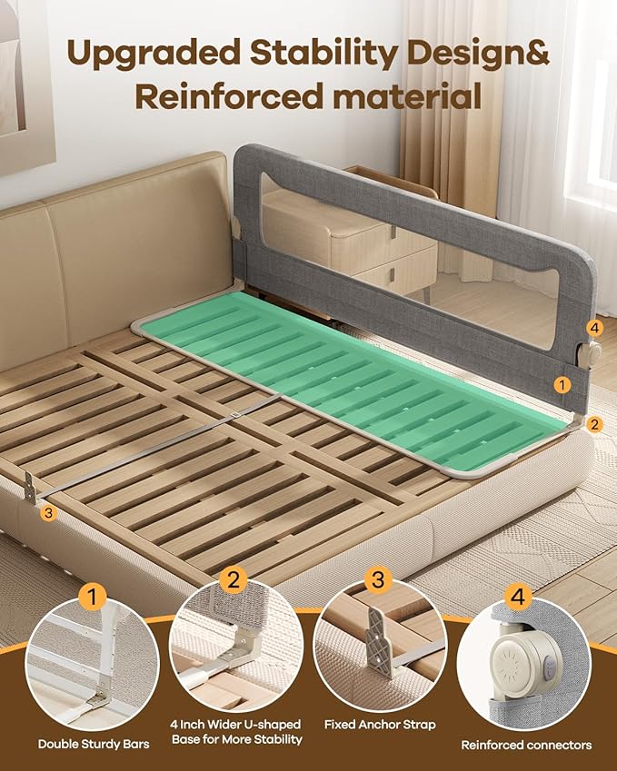 Foldable Bed Rail for Toddlers, 71in Reinforced Carbon Steel Frame&Connectors, Breathable Cationic Fabric - Safety Toddler Be