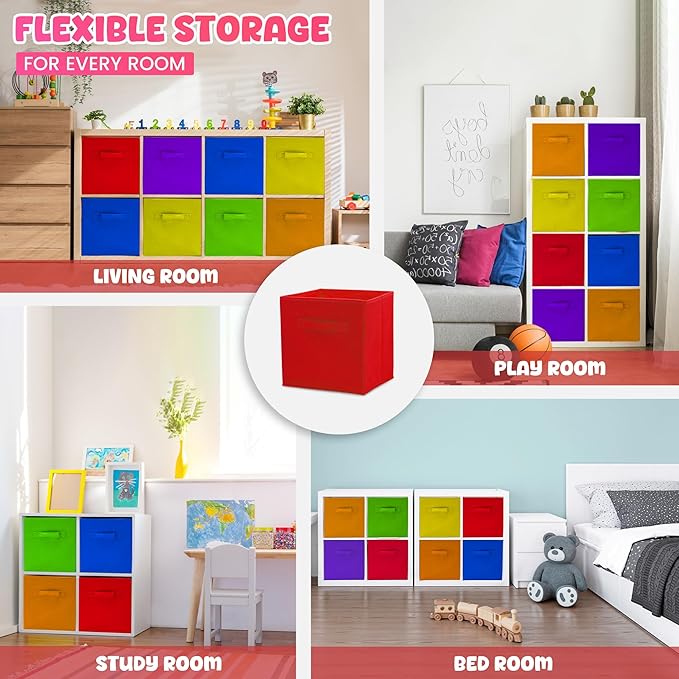 4E's Novelty 6 Packs 11 Inch Rainbow Color Storage Cube Bins, Colorful Storage Baskets For Nursery, Kids Room, Fabric Baskets