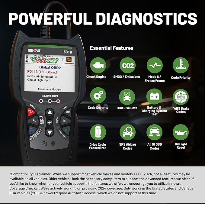 INNOVA 5310 OBD2 Scanner - ABS & SRS Code Reader, Check Engine Light Diagnostic Tool with Battery Test, Oil Reset, Live Data -