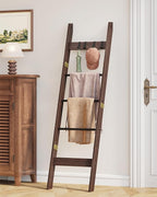 Hzuaneri Blanket Ladder for Living Room, Decorative Quilt Rack with 4 Removable Hooks, 5-Tier Farmhouse Ladder Holder Shelf O