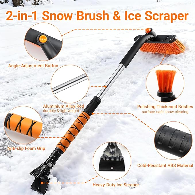 33" Extendable Snow Brush and Ice Scraper for Car Windshield, 2-in-1 Car Snow Brush & Ice Scraper with 360° Pivoting Brush Head and Comfortable Foam Grip for SUV Trucks Sedans,Orange ﻿