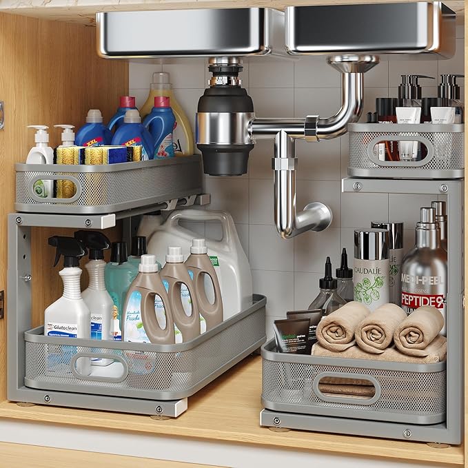 2 Pack 15.7IN-Depth Under Sink Organizer With Smooth Cylindrical Rail,2-Tier Pull Out Multi-Purpose Cabinet Storage for Bathr