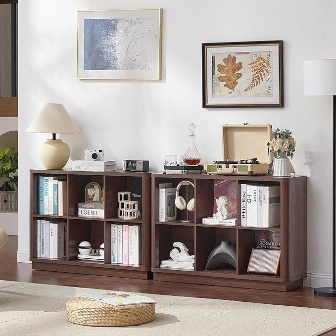 Joaxswe 6 Cube Storage Bookcase, 40" Wide Low Horizontal Book Shelf with Curved Edge, Wood Floor Standing 2-Tier Bookshelf wi
