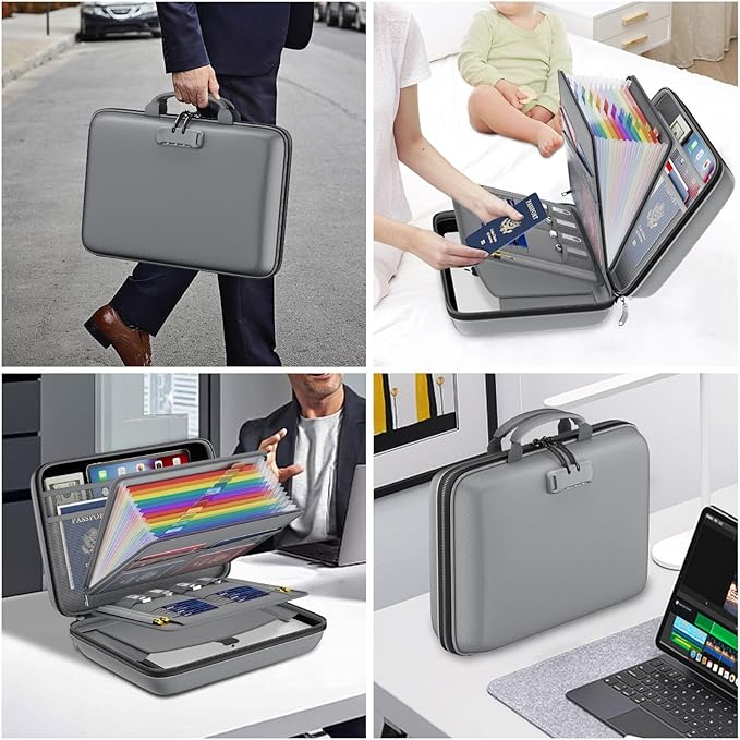 DocSafe Fireproof File Organizer with Lock, Hard-Shell Case Fireproof Document Box with 13 Pocket Accordion File Folder, Port