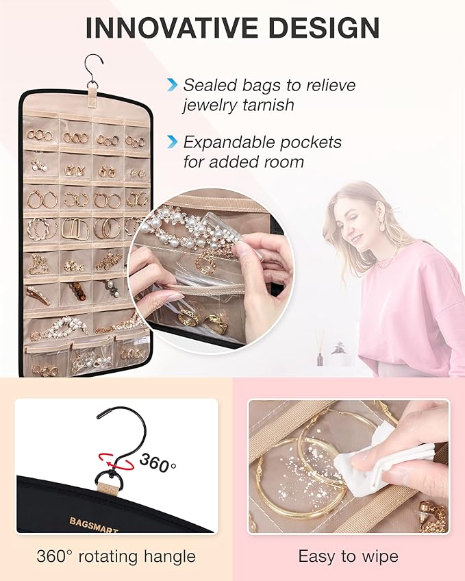 BAGSMART Hanging Jewelry Organizer, Necklace Holder Anti-tangle Earrings Rings Hanger with 10 Jewelry Bags Travel Storage Rol