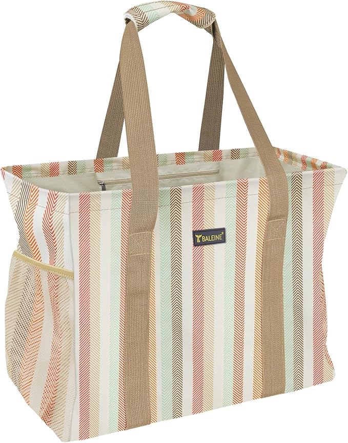 BALEINE Extra Large Utility Tote Bag with Reinforced Wire Frame, Reusable Grocery Bag for Shopping, Picnic (Color Strip, 16.5''x14''x10'')