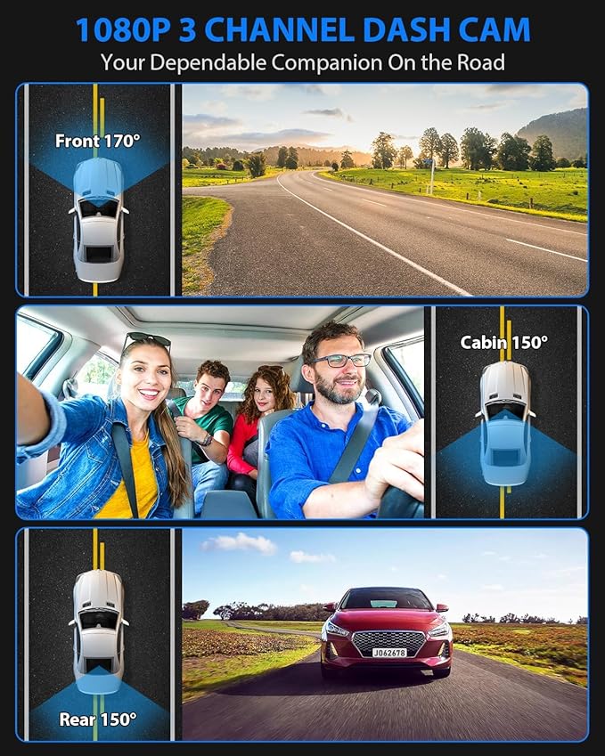 Dash Cam Front and Rear, 1080P Dash Camera for Cars, 3 Channel Car Camera Front Rear and Inside with 32GB Card, Loop Recordin