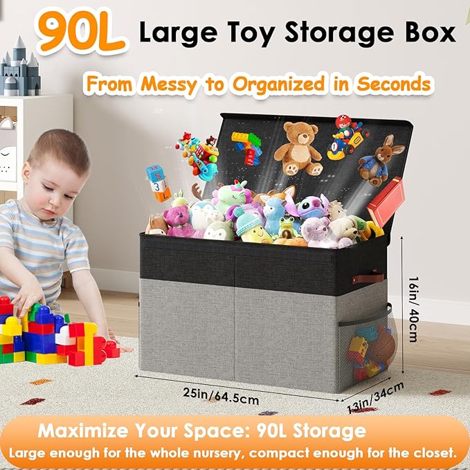 Large Toy Storage Box with Lid Upgraded Toy Storage Chest Organizer with Divider Foldable Toy Bin for Kids Boys Girls Playroo