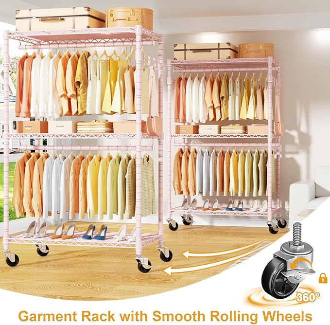 ULIFHOME P1 Rolling Closets with Wheels and Shelves, Portable Closet Wardrobe for Clothes Hanging, Pink Clothing Storage and 