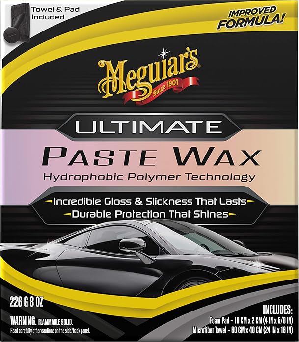 Meguiar's Ultimate Paste Wax, Premium Car Wax for a Deep Gloss with Lasting Protection, Easy to Apply and Remove, Clear Coat Safe, Microfiber Towel and Applicator Included, 8 Oz Paste