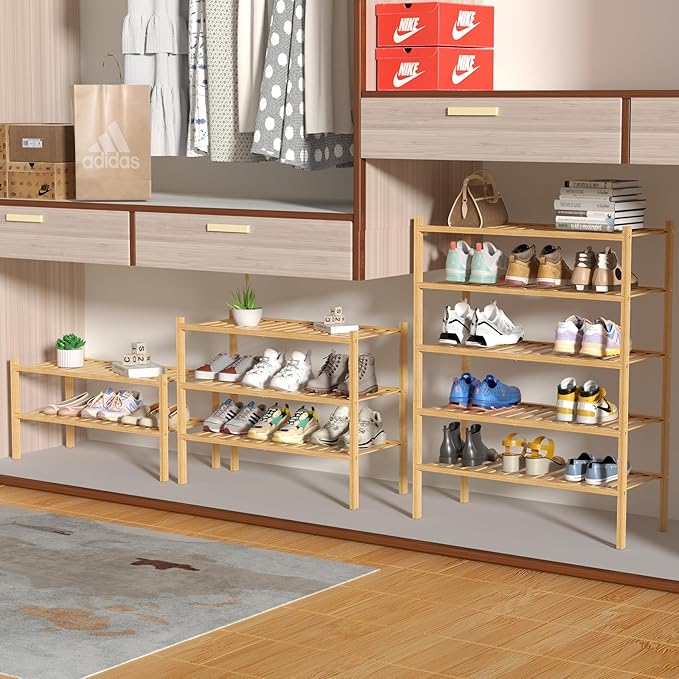 ROMGUAR CRAFT 4 Tier Bamboo Shoe Rack for Closet Free Standing Wood Shoe Shelf for Entryway Small Space Stackable 27"x11"x26"