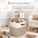 FinishingBo Cube Storage Baskets 6 Pack, 11x11 inch Cube Storage Bins with Leather Handles for Shelf Closet (White/ Khaki)