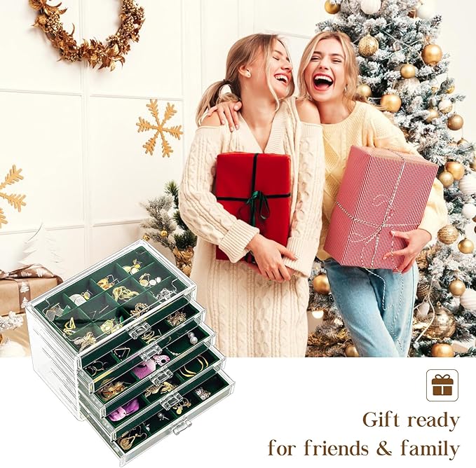 ProCase Earring Holder Organizer Jewelry Box with 5 Drawers, Acrylic Clear Earring Case with Adjustable Velvet Trays for Wome