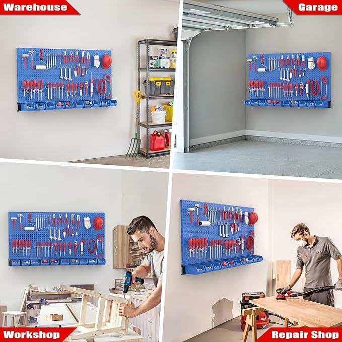 Ultrawall Pegboard Wall Organizer, Blue Metal Peg board Panels, Garage Storage System with Hooks and Storage Bins, 59pcs