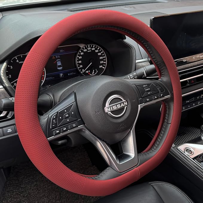 PINCTROT D Shaped Nappa Leather Steering Wheel Cover, Slim Fit No Bulk Design, One Piece Leather with Breathable Perforation,