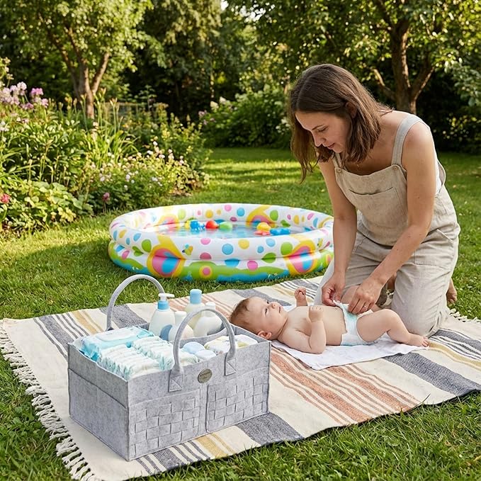 Baby Diaper Caddy Organizer for Nursery – Large Felt Storage Basket for Baby Essentials, Wipes & Diapers – Portable Nursery O