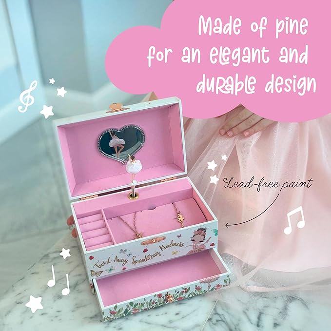 The Memory Building Co Ballerina Musical Jewelry Box Plays Classic Melody, Storage Organizer Music Box for Kids Ages 6-12, MD