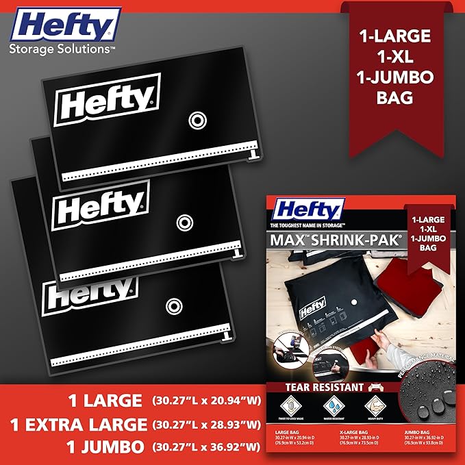 Hefty MAX Shrink-Pak Vacuum Seal Storage Bags for Clothing, Travel, Bedding | Tear-Proof, Dual-Valve Space Saver Compression 