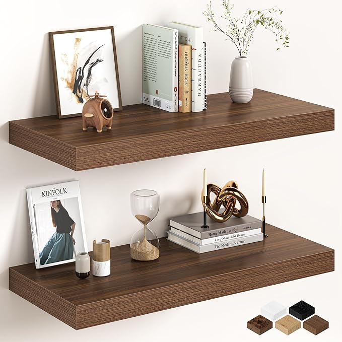 32Inch Walnut Floating Shelves for Wall, 12 Inch Deep Shelves for Bedroom, Kitchen, Bathroom Wall Mounted, Rustic Wood Floati