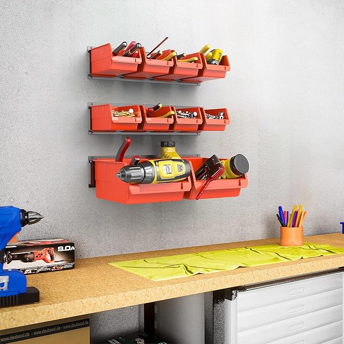 WALMANN Wall Mounted Storage Bins for Small Parts, 10 Bins with 3 Metal Rails, Plastic Bins for Screws, Bolts, Nuts, Craft Ro