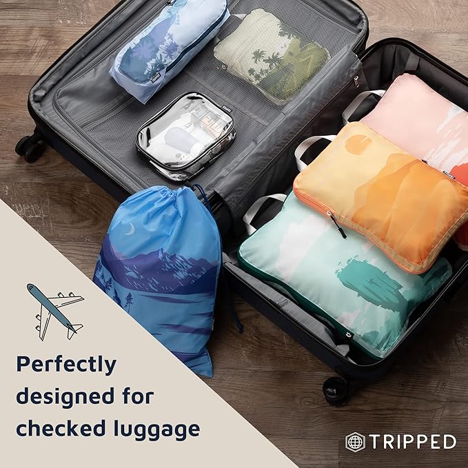 TRIPPED XL Compression Packing Cubes — 7-Piece Set for Checked Luggage | Extra-Large (15.7"×11"×4") + Large + Small + Tube + 