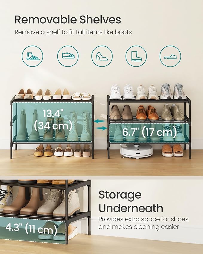 SONGMICS 3-Tier Shoe Rack for Closet, Compact Metal Shoe Organizer Shelf for Entryway, Bedroom, Small Spaces, Stackable, 11.8