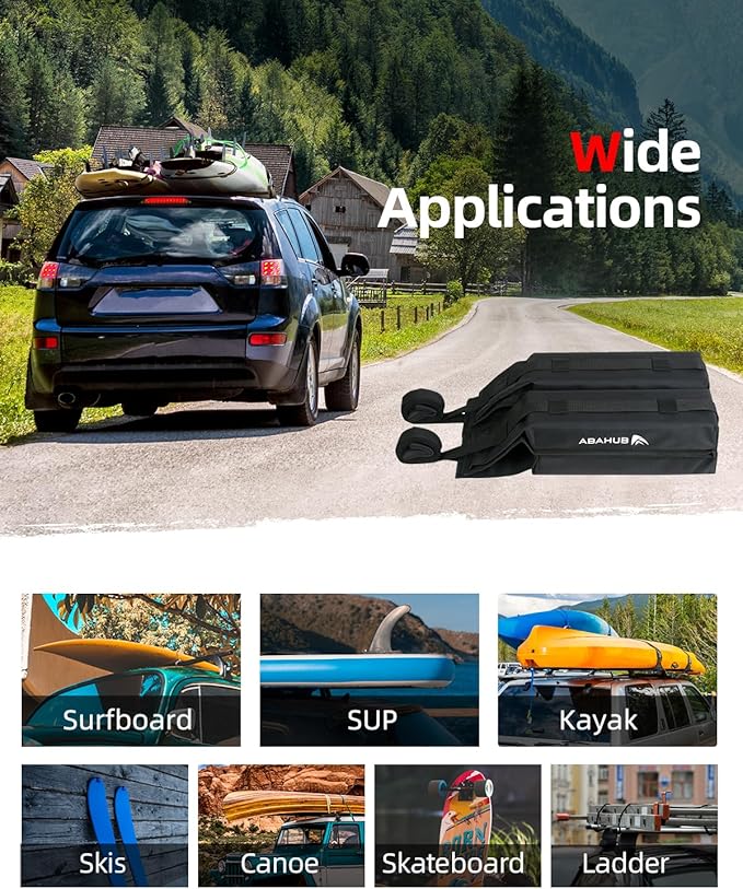 Abahub Car Soft Roof Rack Pads for Kayak,Canon,Surfboard,SUP Include 2 Tie Down Rope, 2 Quick Loop Strap, 2 Heavy Duty Tie Down Straps and a Storage Bag(Black)