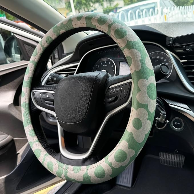 Vintage Groovy Flowers Car Leather Steering Wheel Cover - 15-inch Universal Microfiber- Soft & Breathable & Silicone Anti Sli