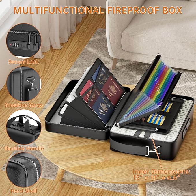 ENGPOW Fireproof Document Box with Lock, Fireproof Water Resistant Hard Case File Organizer Safe Box with Multi Pockets, Prot