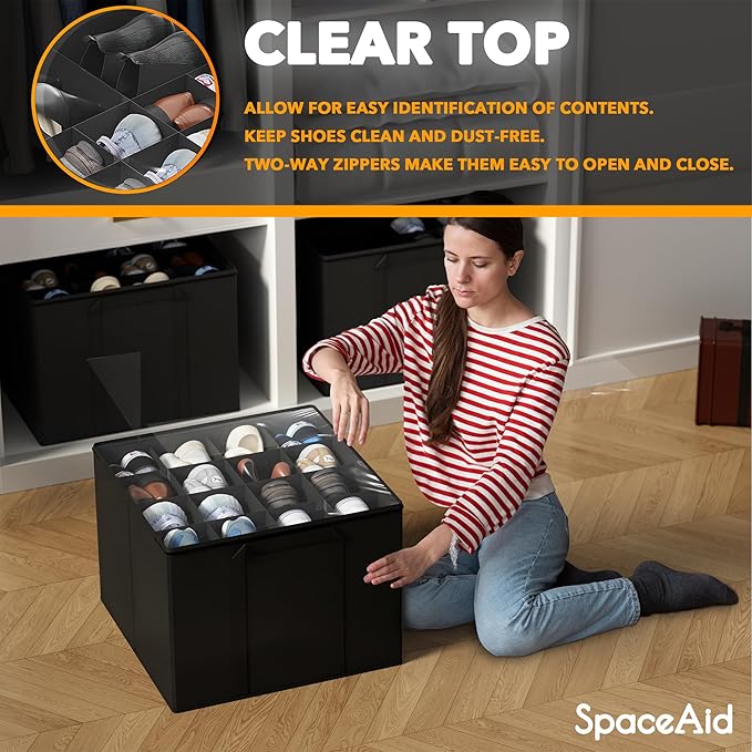 SpaceAid Shoe Organizer for Closet, 2 Pack Foldable Shoe Storage Containers Baskets Boxes Bins w/Adjustable Dividers, Fits 16