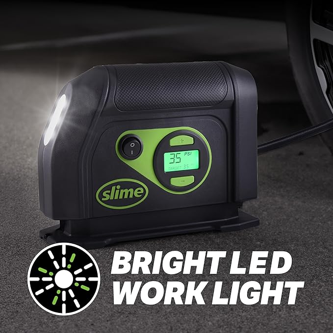 Slime 40088 Tire Inflator, Portable Car Air Compressor, Inflate Right automatic shut off, with Digital 99 psi Display, Long Hose and LED Light, 12V, 6 min inflation
