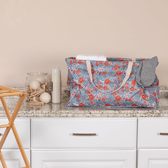 Household Essentials Large Canvas Utility Tote Bag with Handles | Collapsible Storage Basket for Laundry, Groceries, College, Beach, Car & More | Water-Resistant Lining | 11"x22"x13"