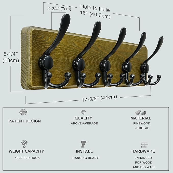 Dseap Coat Rack Wall Mount - Heavy-Duty Robust Barnwood-Style Wooden Wall Coat Hanger Hook Rail with 5 Triple Hooks for Winte