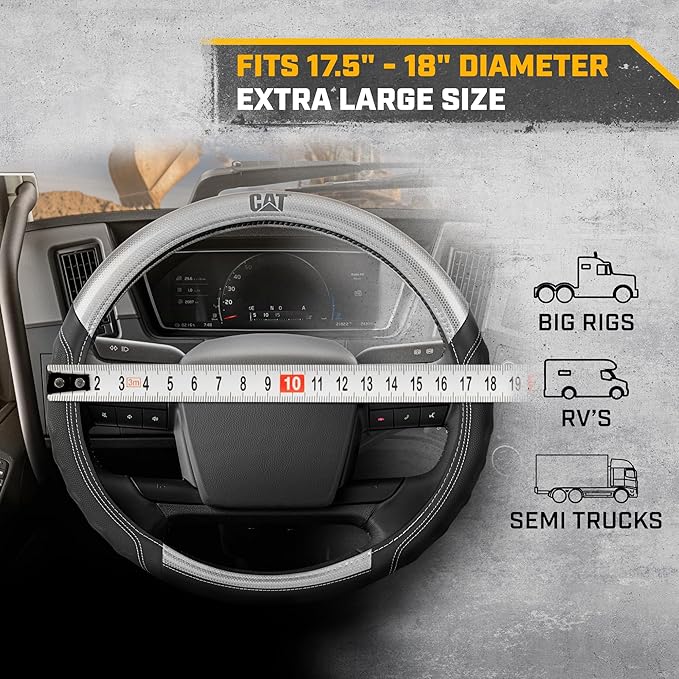 Cat® BigGrip Faux Gray/Black Leather Semi Truck Steering Wheel Cover, Fits RV and Big Rig Trucker, Steering Wheel Cover for Trucks 18 Wheeler - X-Large 17.5" - 18" Inches