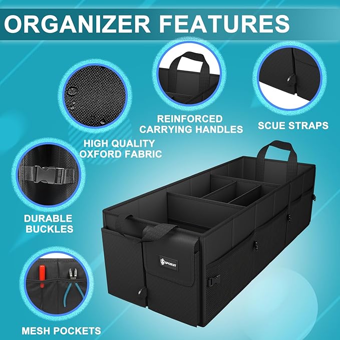 Sposuit Extra Large Trunk Organizer 98L Collapsible Car Storage Trunk Organizer with Removable Dividers & Adjustable Securing