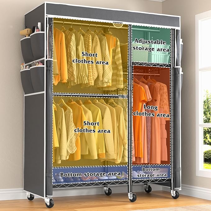 Raybee Clothes Rack with Cover Clothing Racks for Hanging Clothes Heavy Duty Portable Closet with Wheels，Rolling Garment Rack