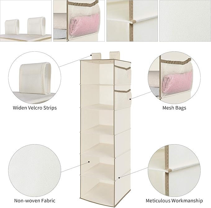 MAX Houser 6 Tier Shelf Hanging Closet Organizer, Closet Hanging Shelf with 2 Widen Straps for Storage, Foldable (Beige2) | S