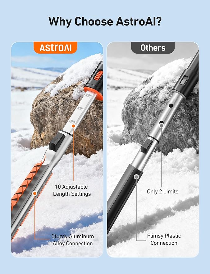 AstroAI 47.2" Ice Scrapers for Car Windshield, 3 in 1 Sturdy Snow Brush with Squeegee, 10 Adjustable Length Settings, Extendable Aluminum Handle, 180° Pivoting Snow Scraper for Car, Truck, SUV(Orange)