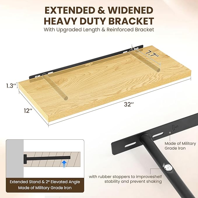 Dreamland 32" Floating Shelves for Wall, 12" Deep Slim Oak Floating Shelves, Wall-Mounted Shelves for Bedroom, Living Room, K