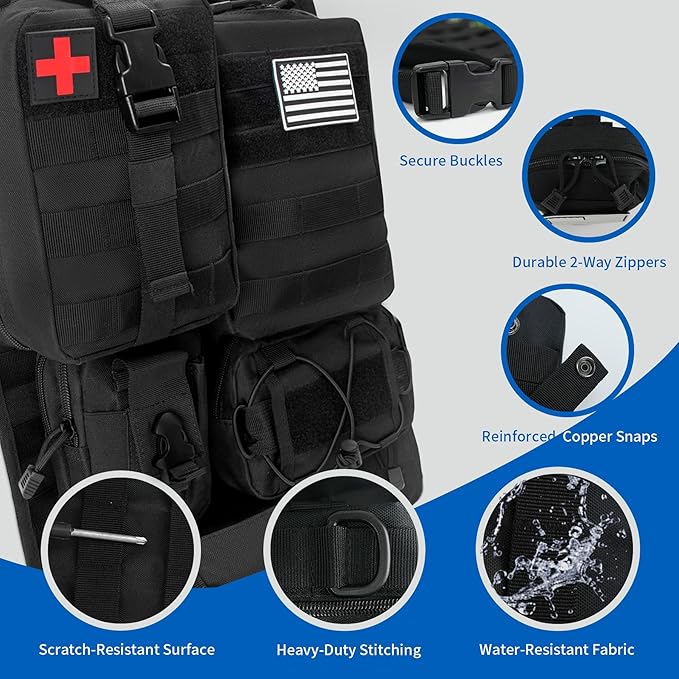 6 Pack Tactical MOLLE Car Seat Back Organizer Universal Vehicle Storage Panel Seat Organizer with 5 Detachable Pouches for Car Truck SUV Jeep Ford with Medical/Phone/Tools Bags (Black)