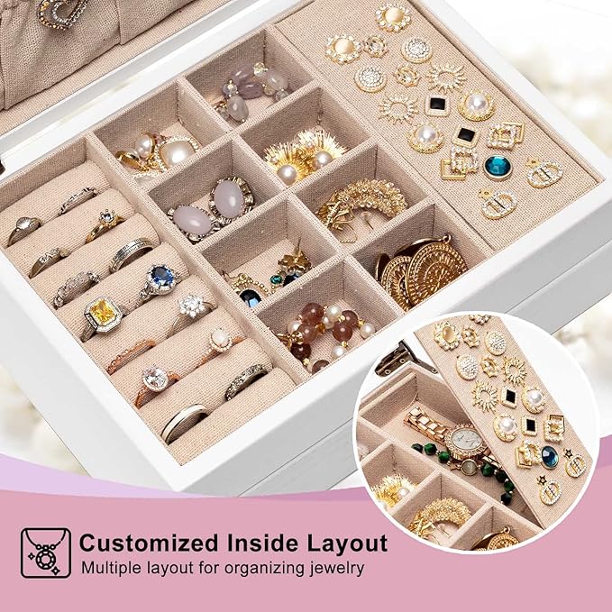 Pinzoveco Jewelry Box for Women, Rustic Wooden Jewelry Organizer Box for Storage Earrings Rings Necklace Bracelet, Farmhouse 