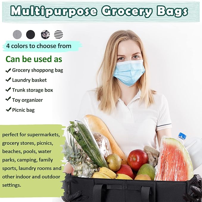 Muzale Extra Large Utility Tote Bag with Wire Frame Collapsible Reusable Grocery Bags Heavy Duty Shopping Bags for Groceries with Handles Trunk Organizer for Beach Travel Picnics Camping Laundry