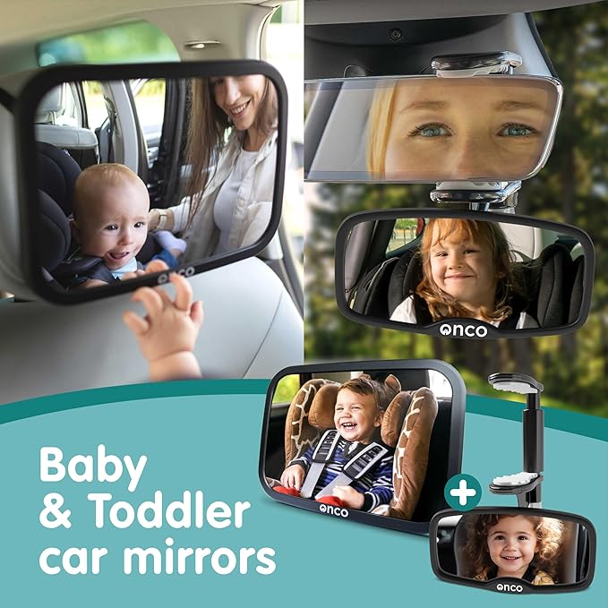 Onco Baby Car Mirror Bundle – Rear & Forward Facing Mirrors, Double Award-Winning, 100% Shatterproof & Shakeproof, 360° Rotation, Wide Convex View, Newborn Essentials