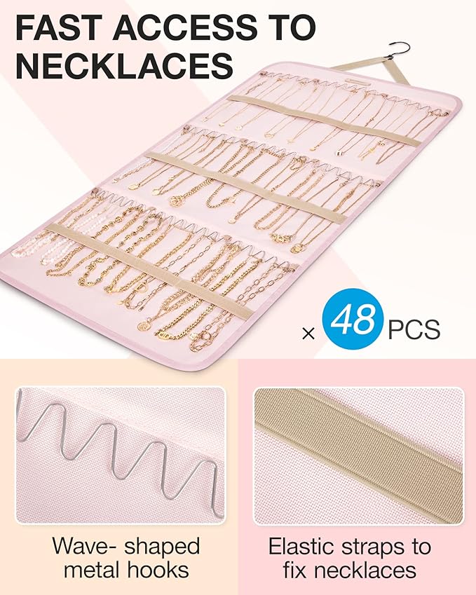 BAGSMART Hanging Jewelry Organizer Storage Roll with Hanger Metal Hooks Double-Sided Jewelry Holder for Earrings, Necklaces, 
