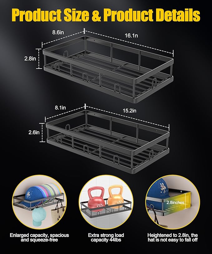2 Packs Metal Hat Rack for Wall, Holder with Multiple Hooks, Organizer for up to 40 Baseball Caps, Sturdy Wall Drilled Rack, 