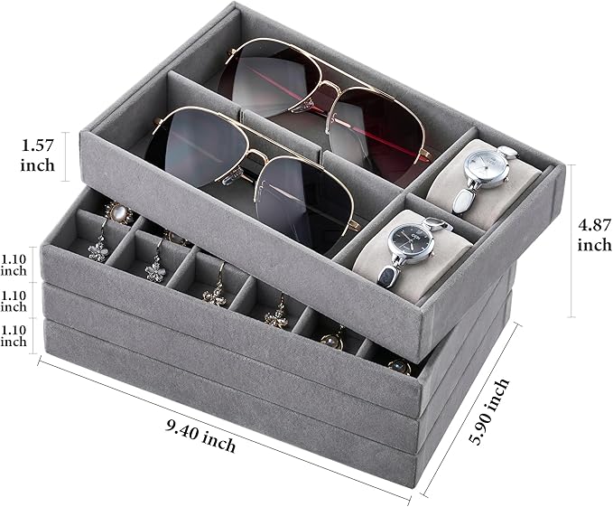 Velvet Jewelry Drawer Organizer Trays – Grey Stackable Jewelry Storage Inserts Set, 4-Layer Jewelry Tray Set for Earrings, Ri