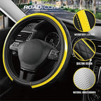 Road Comforts Leather Steering Wheel Cover – Black & Yellow, Universal Fit 14.5-15 Inch, Microfiber Leather, Anti-Slip & Brea