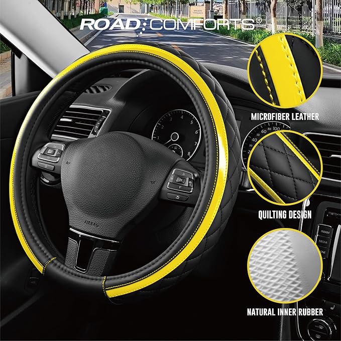 Road Comforts Leather Steering Wheel Cover – Black & Yellow, Universal Fit 14.5-15 Inch, Microfiber Leather, Anti-Slip & Brea